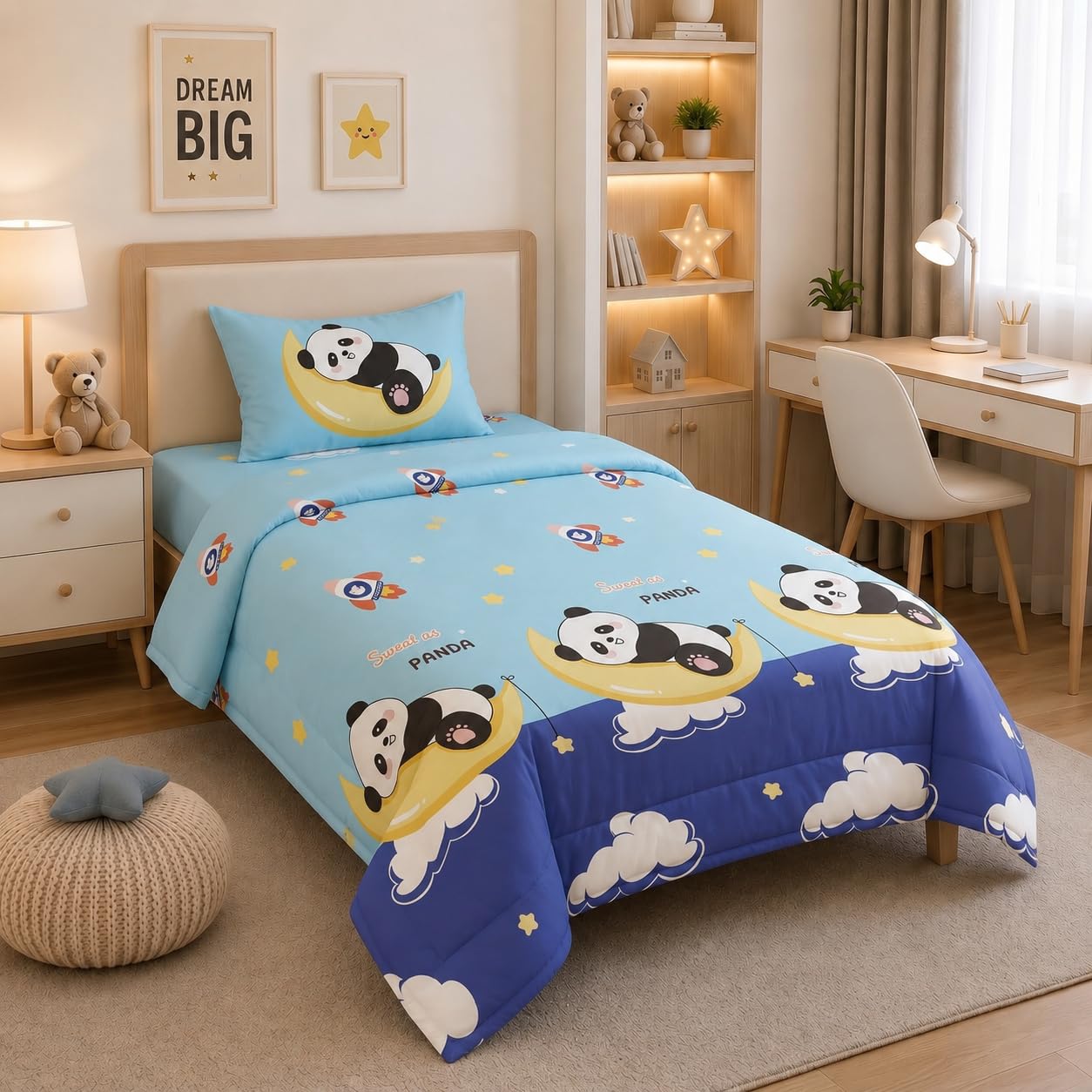 Filymore Kids Cloud Panda Bedding Set for Single Bed | 1 Single Bedsheet 90 x 60 Inches with 1 Pillow Cover & 1 Comforter 90 x 60 Inches | Soft Microfiber Panda Print Bed Set for Boys & Girls-image-10