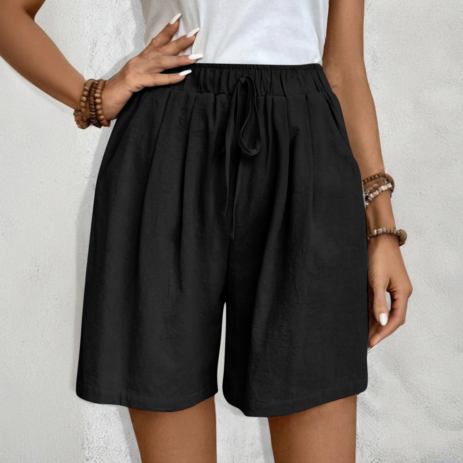 Womens Summer Cotton Linen Shorts Trendy High Waist Drawstring Workout Short Pants Casual Loose Comfy Beach Shorts(Black,Small)