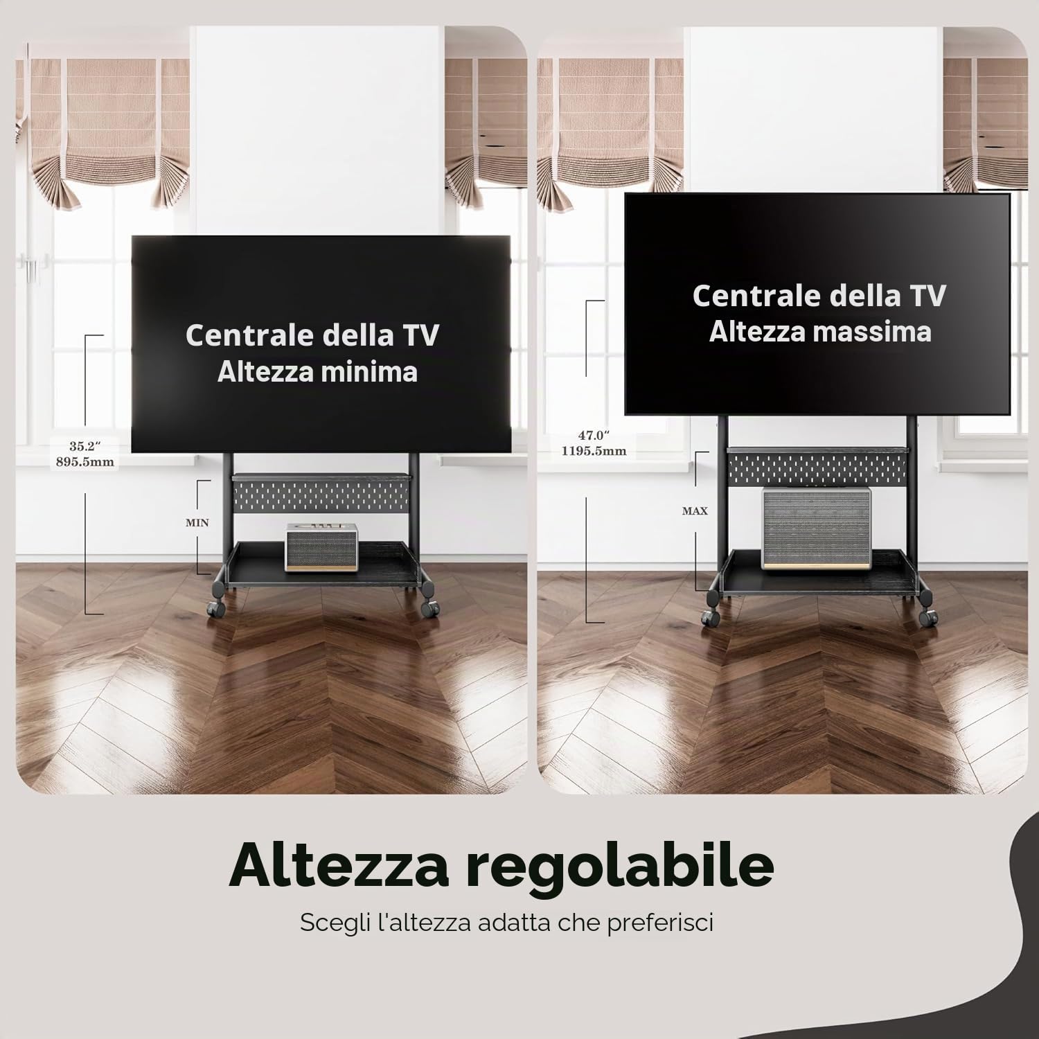 FITUEYES Carrello Porta TV con Ruote per 40-85 pollici, Supporto TV da Pavimento con Ripiani in legno Regolabili, Porta TV da Terra Mobile Max VESA 600x400mm Portata 60kg