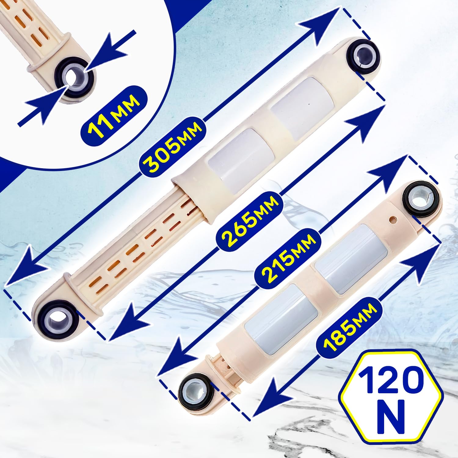 Produktbild von 2x Waschmaschinen-Stoßdämpfer 120N, 11 Mm, 305/215 Mm – Für Candy & Hoover, MADE IN ITALY