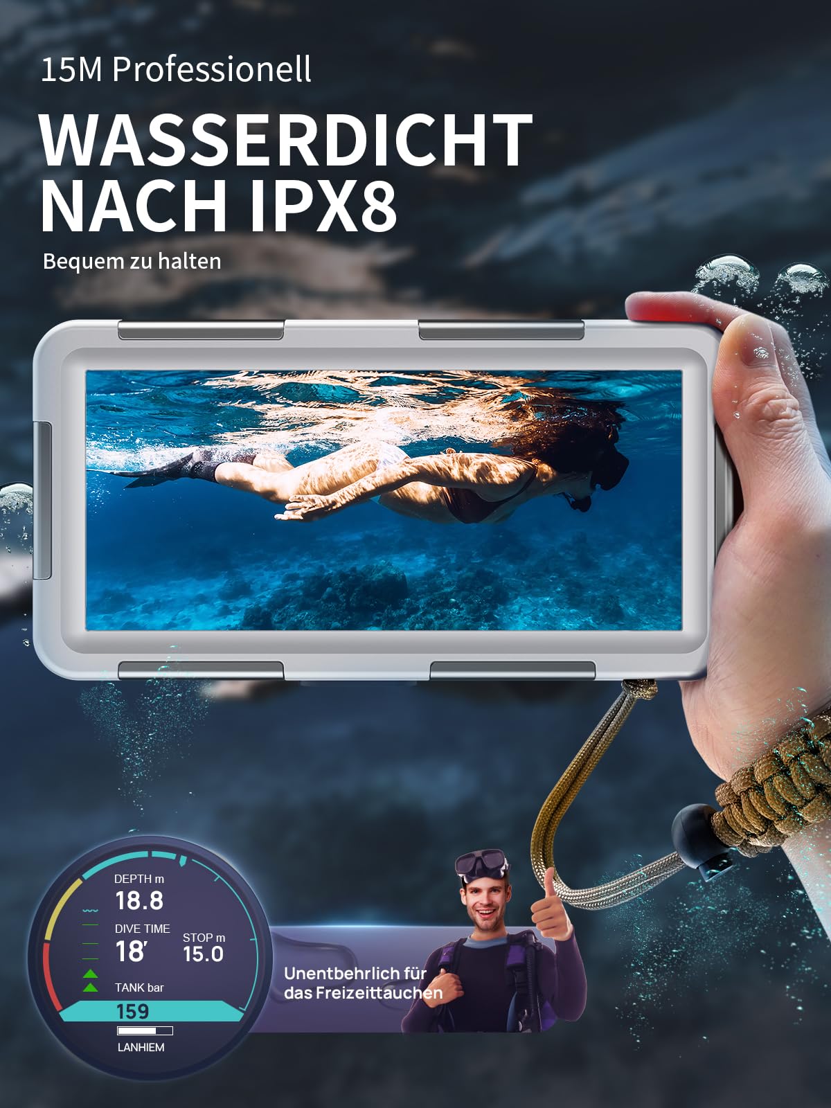 Lanhiem Wasserdicht Handyhülle IP68 Universelle Tauchen Professionelle Handy Unterwasser Hülle Wasserfeste tief 15M für iPhone Samsung Huawei Xiaomi Schnorcheln Surfen Case, Grey-Orange
