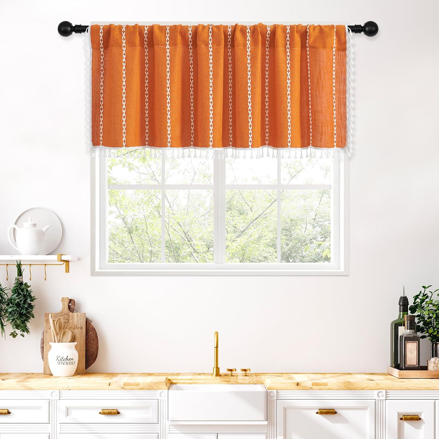 MitoVill Boho Kitchen Valances for Windows, Orange Farmhouse Valance Curtains for Living Room/Bedroom, French Country Cotton Linen Fabric Topper Window Curtain with Tassel, 52’’W x 18’’L Pumpkin Orange 52"W x 18"L (Pack of 1)