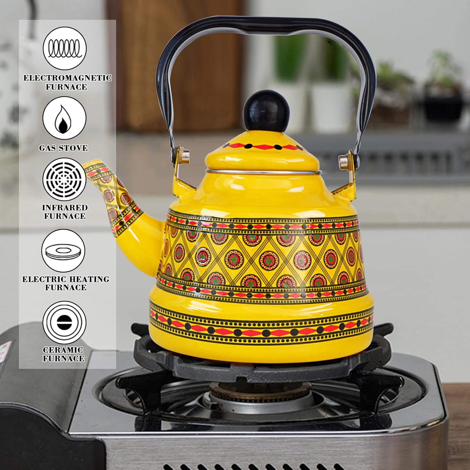 1.1L Arab style Vintage Tea Kettle,Enamel Tea Kettle with Handle,Enameled Teapot Stovetop,Hot Water Kettle for Home Kitchen Decor, No Whistling (Yellow)