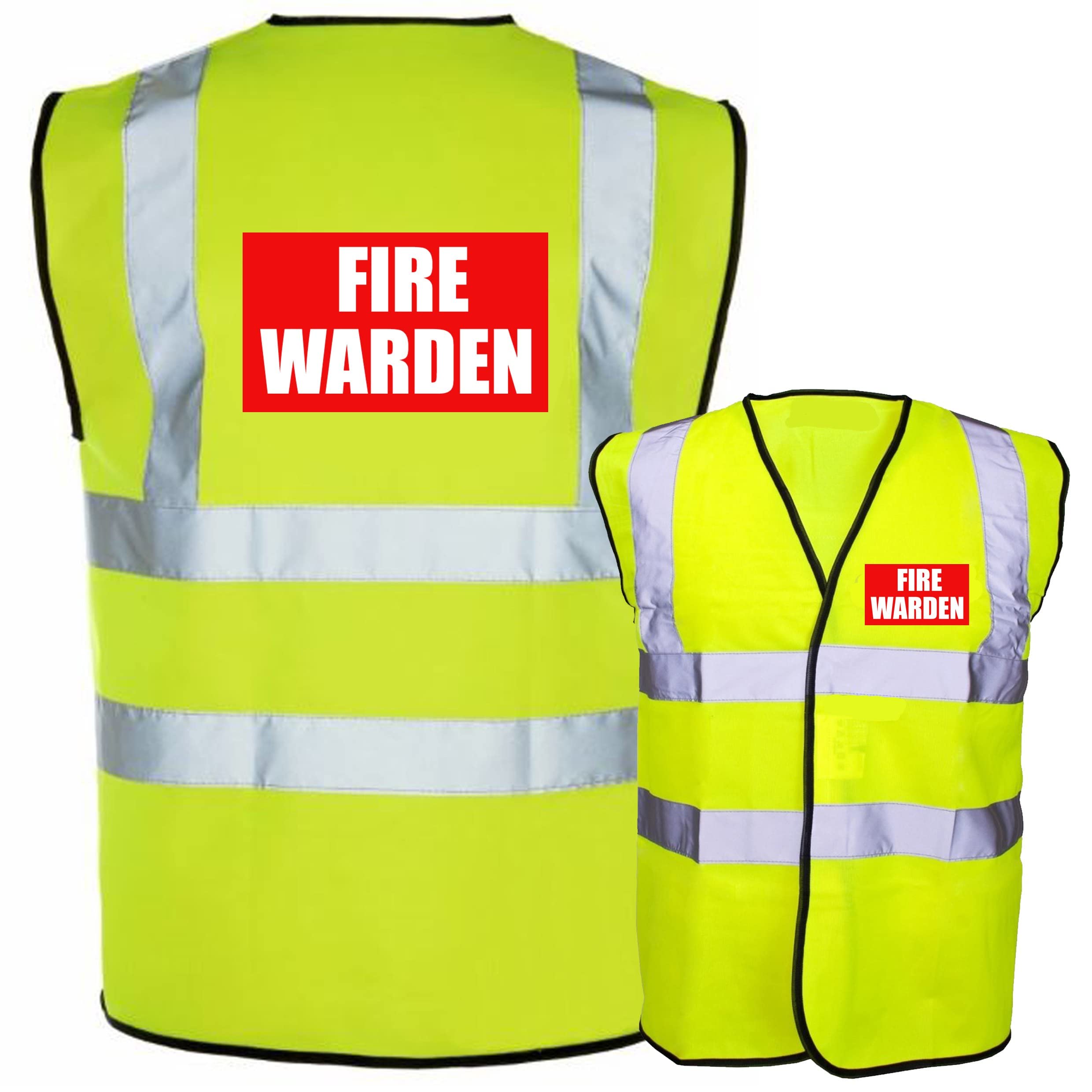 Fire Warden In Red Box Yellow Hi Vis Safety Vest High Viz Waistcoat Supplied by Simply Hi Vis Clothing UK.