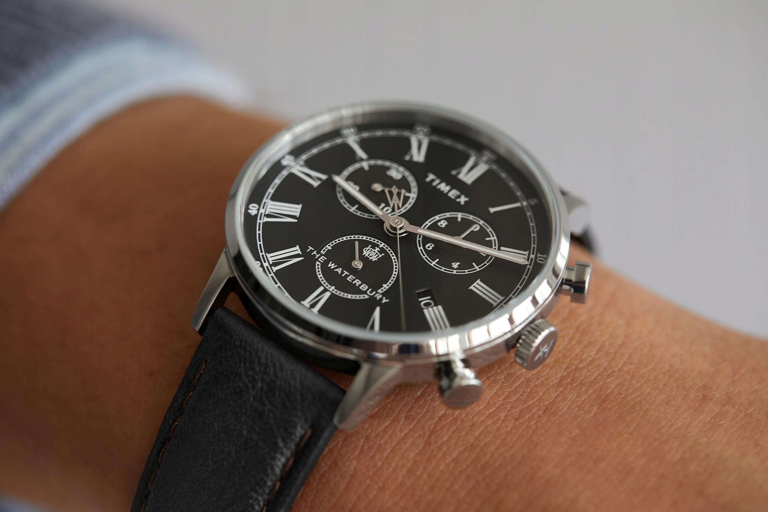 Timex Waterbury Tw2U88300 Zegarek Męski, 40 mm, Czarny Skórzany Pasek, Czarna Tarcza i Koperta ze Stali Nierdzewnej