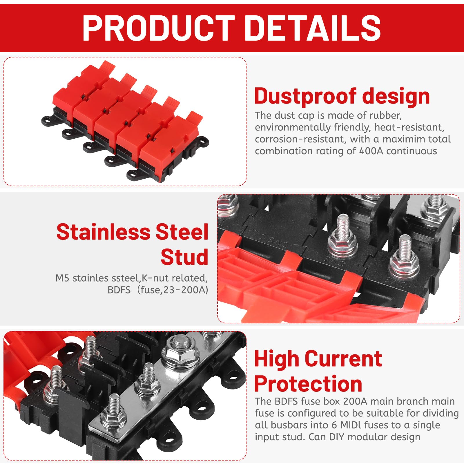 DBREAKS Portafusibles Midi de 4 compartimentos Incluye fusibles de 30 A, 60 A y 100 A con cubierta de goma de silicona, distribuidor de cobre, para barco, caravana