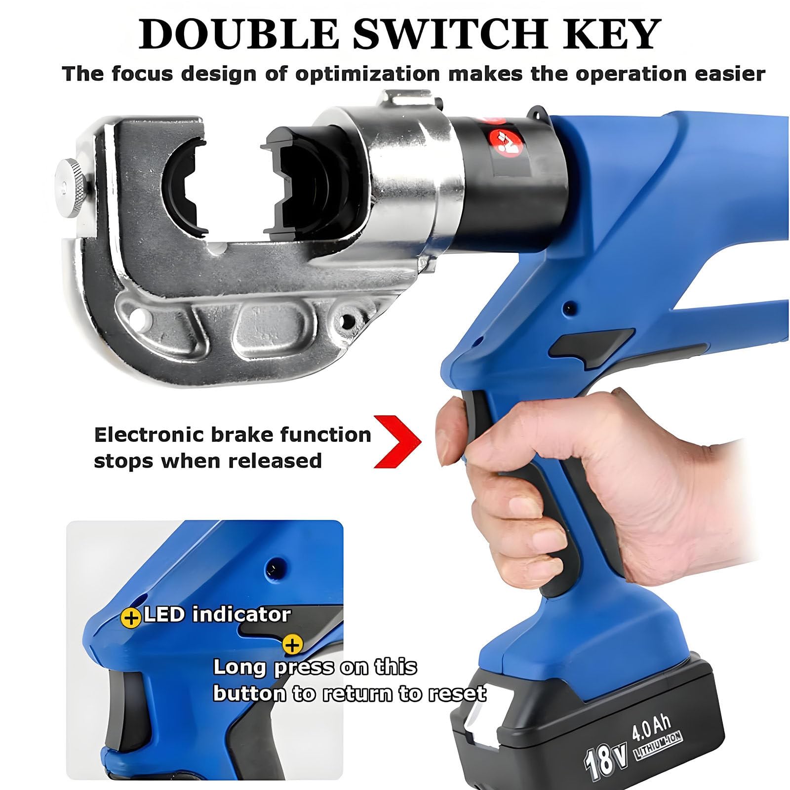 Pince à sertir hydraulique électrique pour cosses de câble, pince hydraulique alimentée par batterie au lithium 4,0 Ah, outil de sertissage de câble rechargeable, pour bornes en cuivre et en aluminium