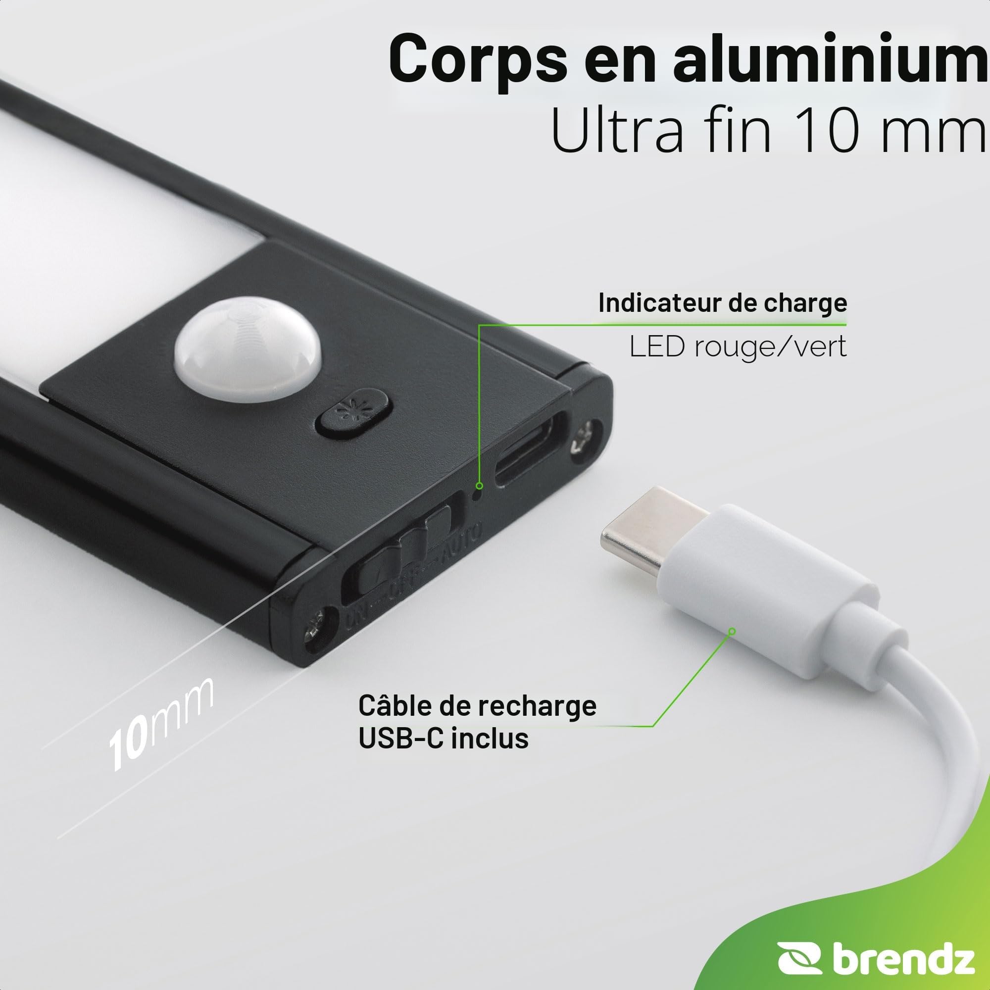 Brendz Lampe LED Rechargeable, LED Cuisine Sous Meuble, 40cm, USB-C, 2200mAh, 3 Températures de Couleur, Dimmables, Magnétique, Lumiere Cuisine, Puyo Noire