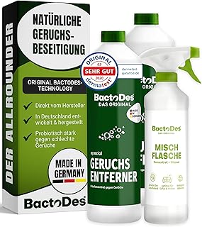 BactoDes - Spezial Geruchsneutralisierer 2L Konzentrat mit Spray-Mischflasche - Universal Enzymreiniger mit bio Mikroben-Wirkung - Effektiver Geruchsentferner für sämtliche unangenehme Gerüche