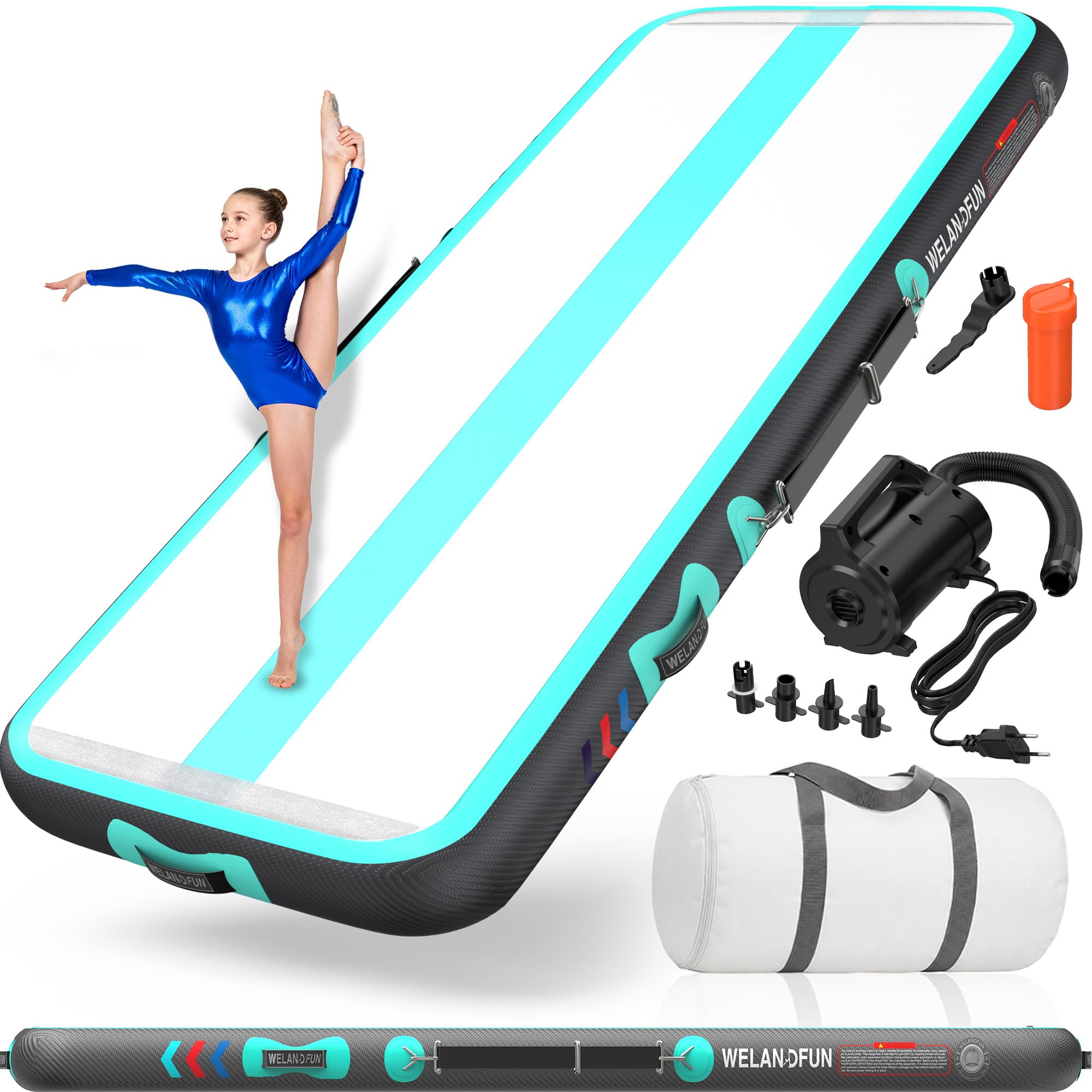 WELANDFUN Air Matte Track Turnmatte Aufblasbar 15 / 20cm mit Luftpumpe, 3/4 / 5 / 6m Gymnastikmatte Tumbling Matten, Trainingsmatte für Yoga/Zuhause/Taumel/Turnhalle/Ausbildung/Cheerleading