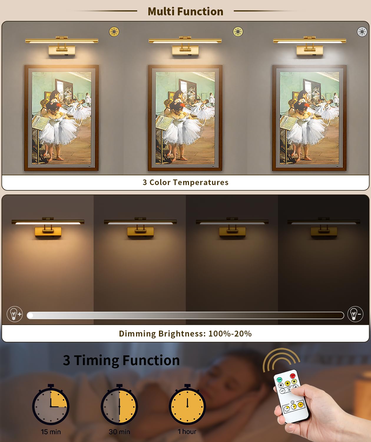 7Degobii Battery Operated Picture Lights with Remote and Timer,Wireless Art Light for Paintings with Adjustable Swing Arm Gold Gallery Lights 15.75in Rechargeable Wall Sconce