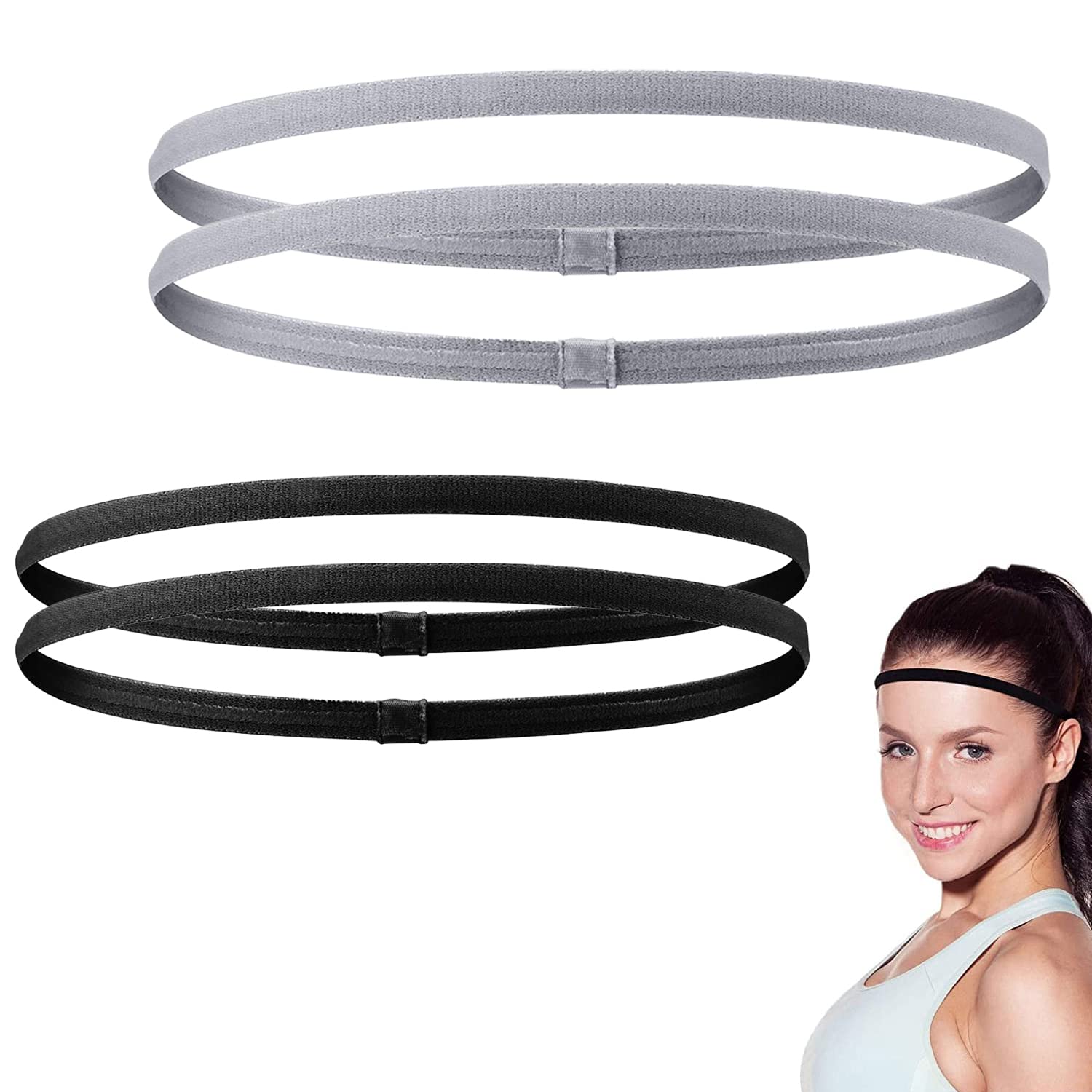 JZS Thick Non-Slip Elastic Sport Headbands Elastic Silicone Grip Exercise Hair Sweatbands for Women and Men Football Basketball Yoga Hair Headband(4 Pack)