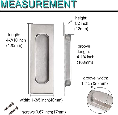 Miniatura 5 de Probrico Paquete de 2 tiradores rectangulares empotrados de níquel cepillado para puertas correderas empotradas, manijas de acero inoxidable para