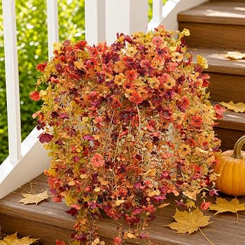 Fanfantoey Artificial Flowers for Outdoors Fake Hanging Decoration, Realistic Plants, UV & Fading Resistant Silk Flower for Spring Porch Patio Balcony Planter Yard 2, Fall Orange Burgundy Yellow