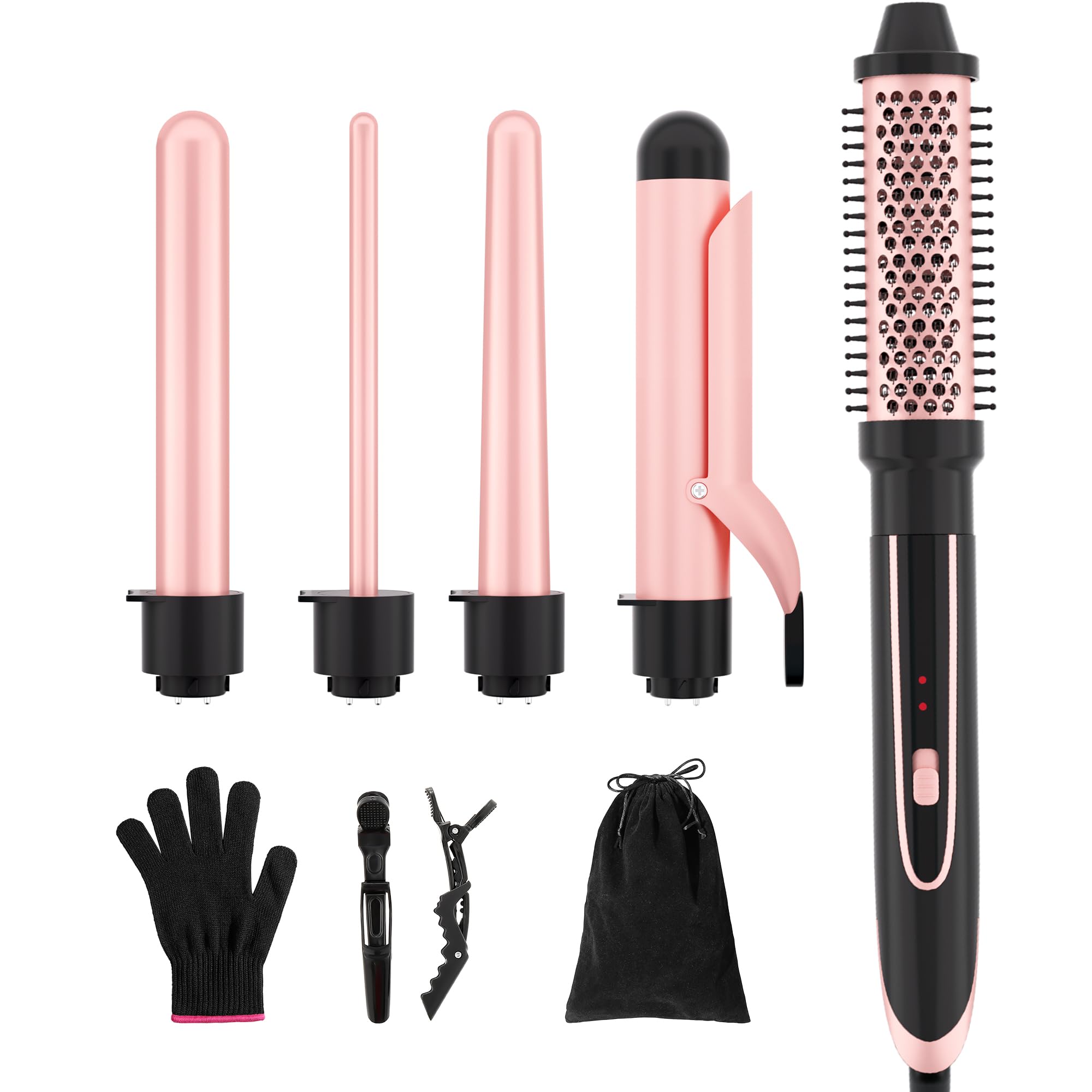 5-in-1 Curling Iron Set, for Creating a Variety of Curls, Includes a Curling Brush and 4 Interchangeable Ceramic Barrels, Dual Voltage, Comes with Gloves and 2 Hair Clips (0.3–1.9 inches), Rose Gold
