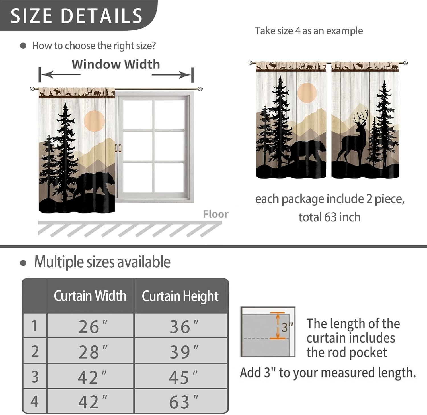 Forest Sunset Kitchen Curtains 2 Panels Country Rustic Farmhouse Short Cafe Curtains Decor for Dining Room Tier Curtains Over Sink Retro Tree Bear Deer Rod Pocket Window Drapes Treatment 42x45 Inch