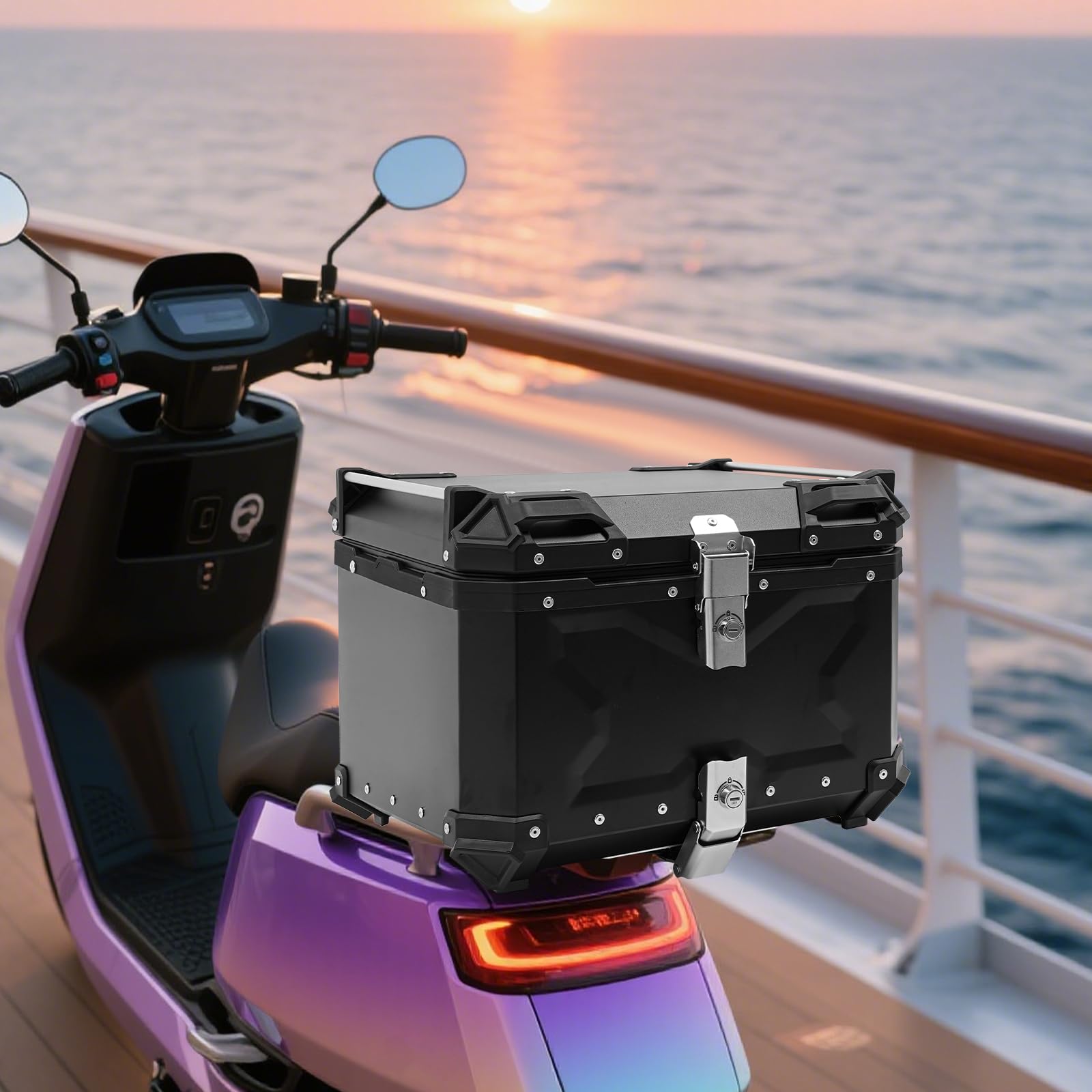 55L Motorrad Topcase, Wasserdichter Motorradkoffer aus Aluminiumlegierung mit Sicherheitsschloss, Universal Motorrad-Heckbox für Helme, Kleidung & Reisegepäck, Schwarz