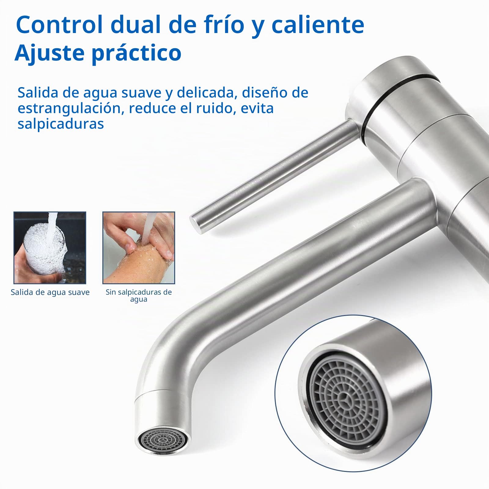 Grifo de lavabo Baño,Alto Caño Grifo Lavabo,Grifo Monomando giratorio de 360°,Agua Fría y Caliente Disponible,Cepillado,5M2OK-T