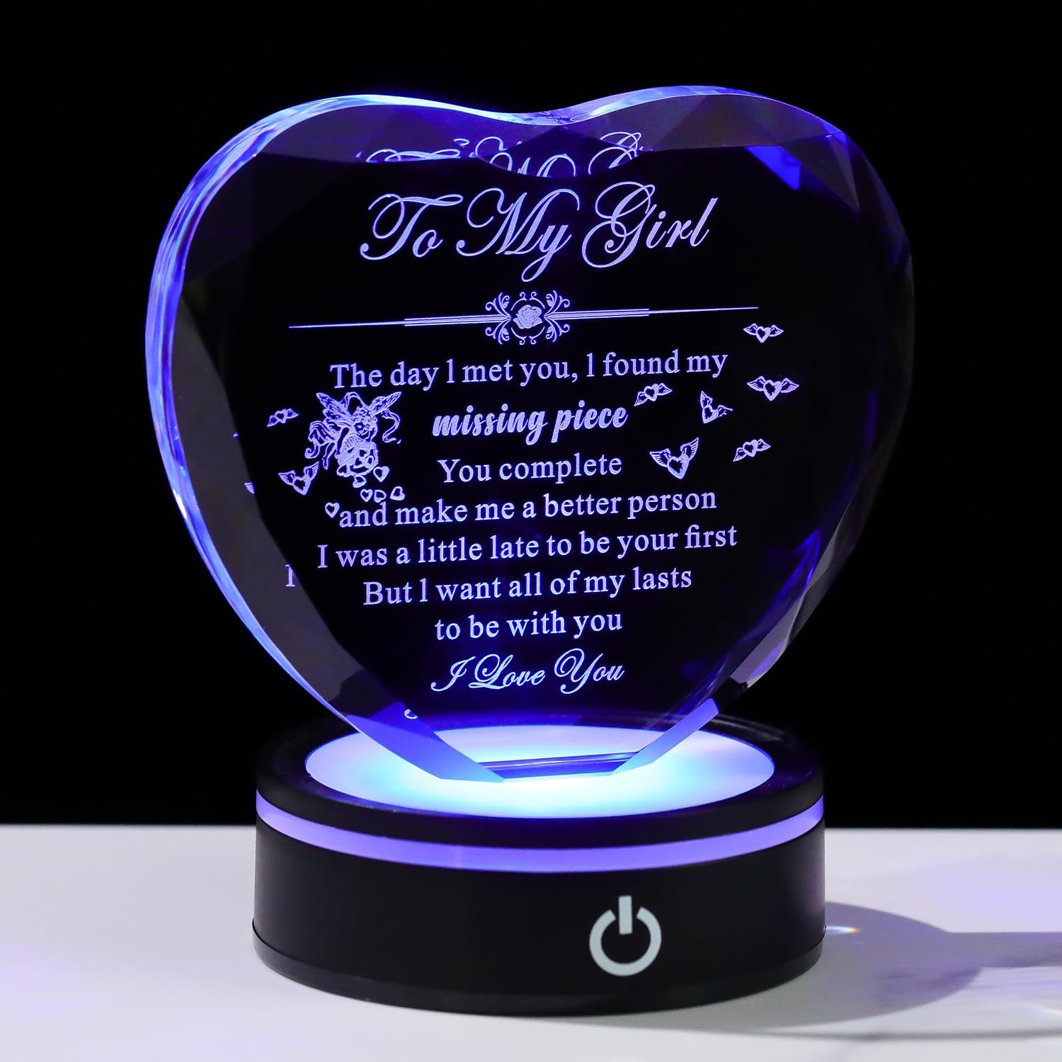 Bluebook Romantic Gifts for My Girl, Heart-Shaped Crystal Plaque with Multicolor LED Base, Valentines Day Souvenir Gift for Girlfriend, Funny Laser Engraving Gifts from Boyfriend