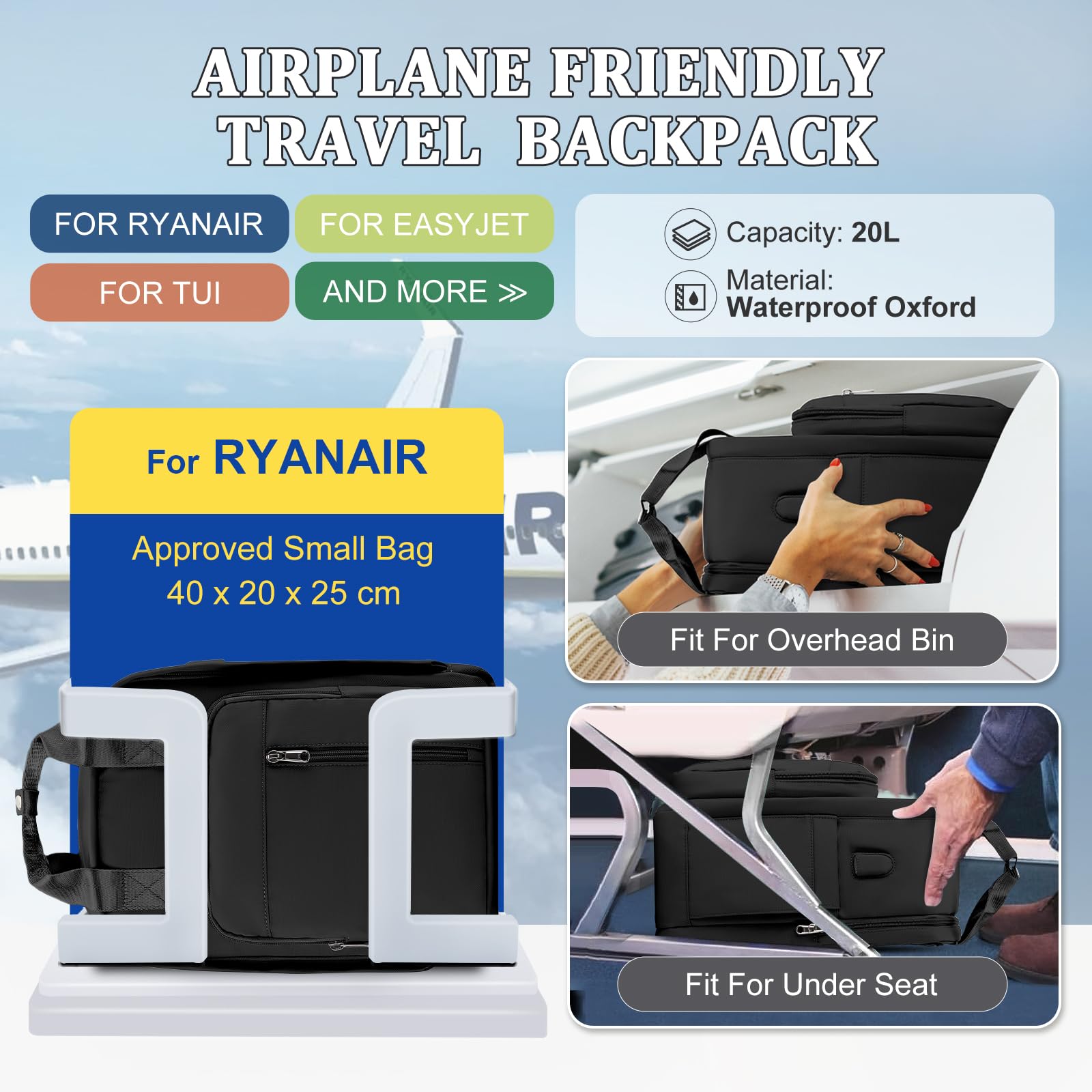 SZLX Zaino Ryanair 40x30x20 Sottovuoto con Pompa Zaino Ryanair 40x20x25 Donna Zaino da Viaggio Wizzair Bagaglio a Mano Uomo per Laptop da 14 Pollici Borse da Cabina 45x36x20 Easyjet con Porta Scarpe
