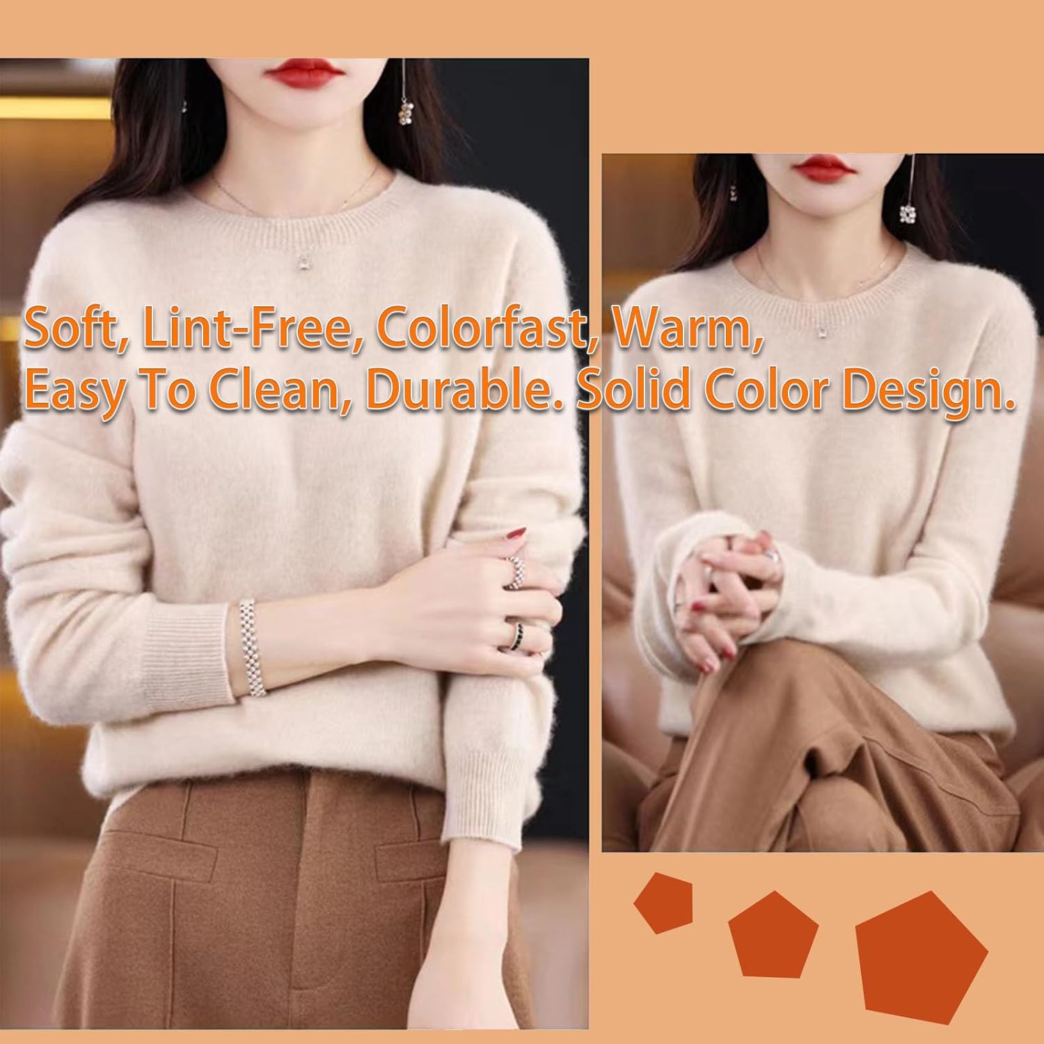 Cashmere Sweaters for Women Crew Neck Long Sleeve Pullover Knit Jumper Soft Lightweight Solid Basic Tops - Image 4