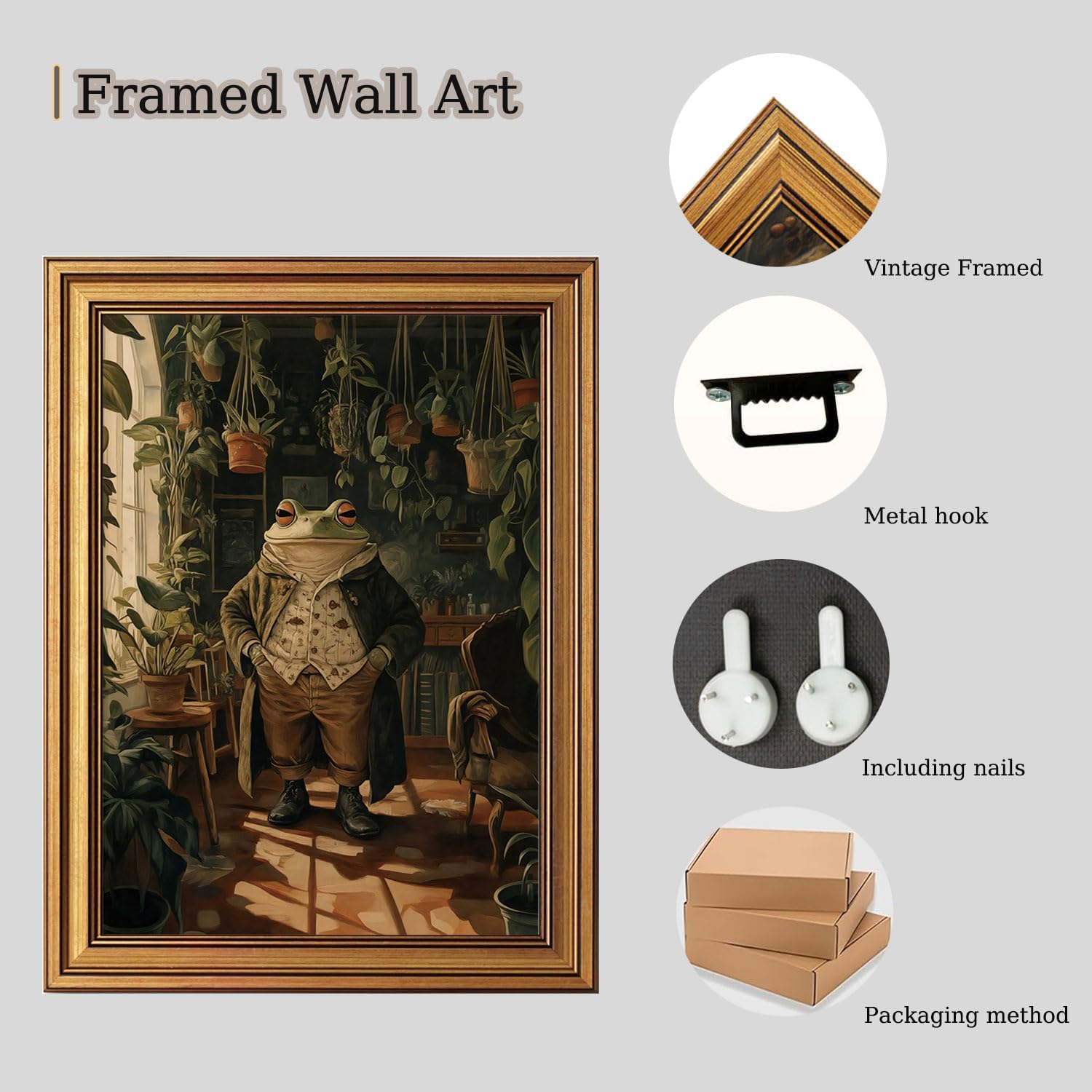 CHMMART Vintage Gold Framed Wall Art Whimsical Frog Botanical Canvas Art Prints Animal Pictures Wall Decor Cottagecore Plant Paintings Artwork for Living Room Bedroom 12x16in