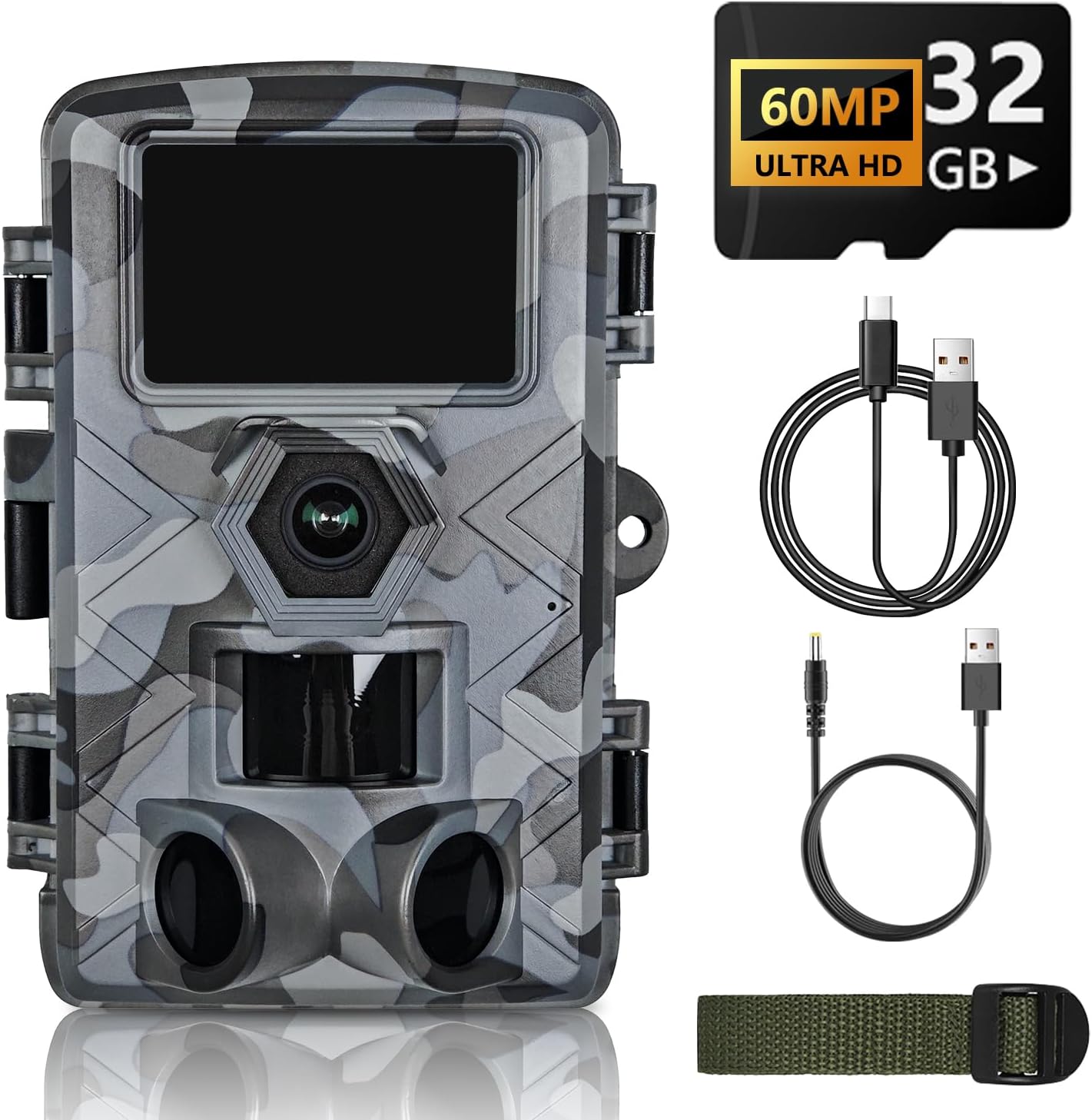 Trail Camera, 60MP Hunting Camera with WiFi, 32GB TF Card, Night Vision, Motion Activated, IP66 Waterproof, 120°Wide-Angle for Deer Scouting or Home Security, APP Control, H.264 MP4 Video