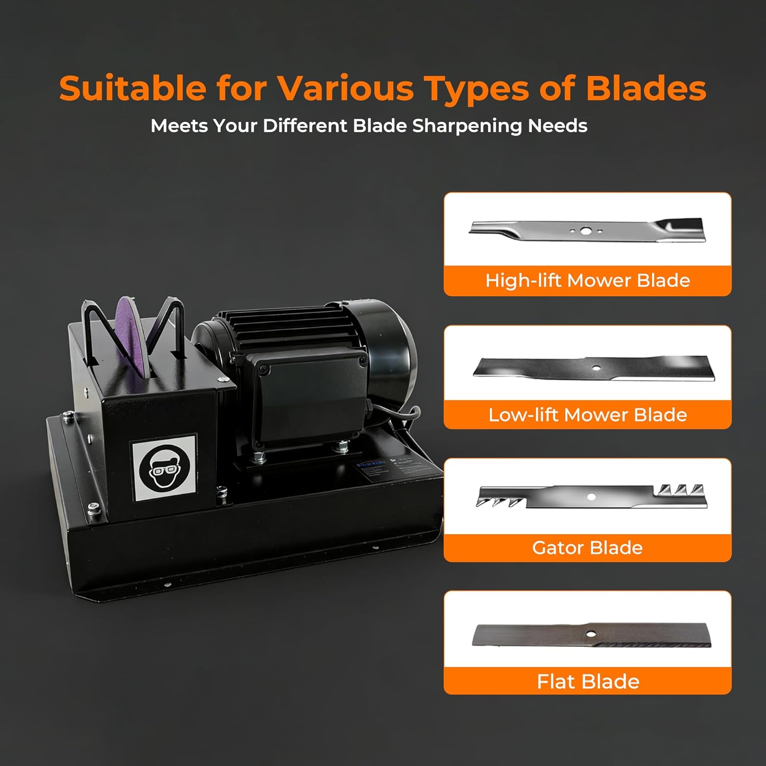 Lawn Mower Blade Sharpener with Upgraded Spark Guard, 1HP 750W Bench Grinder, 9-Inch Ceramic Wheel, 30°/40° Angle Brackets, Extra Sandpapers, for High/Low Lift, Gator & Flat Blades