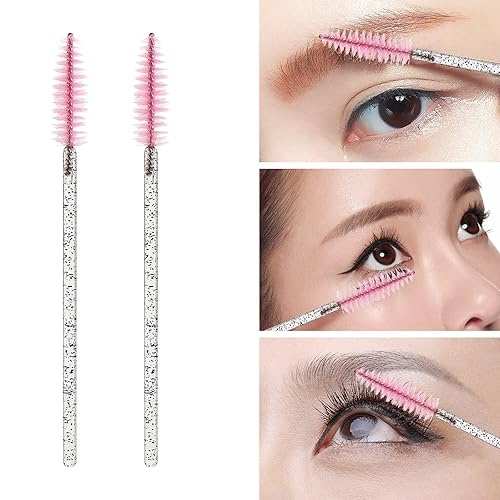 Vista 51 de 100 varitas de rímel desechables, cepillo de carretes de cejas de cristal para extensiones de pestañas, cepillos de pestañas rosas con contenedor