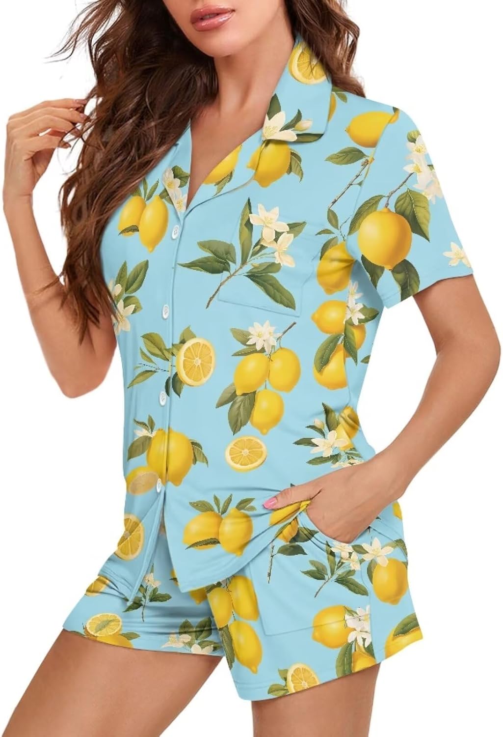 Pajamas Sets Two Piece Sleepwear for Women Plus Size Button Down Pjs Fruits Theme Lounge Sets - Image 2