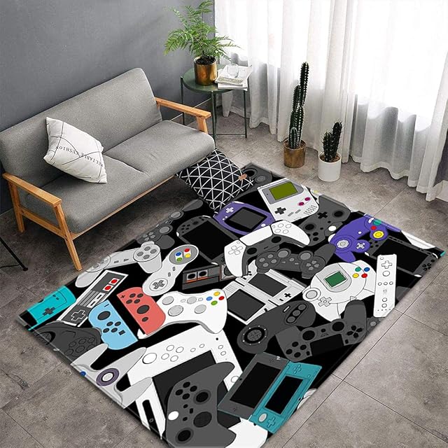 Sticker Superb. Modern Gamer Carpets for Bedrooms Teenager Anime Gaming Graffiti Gamepad Joystick Pattern Bed Rugs Living Room Decorations Floor Indoor Area Non-Slip Pads (Grey 1,120x180 cm)