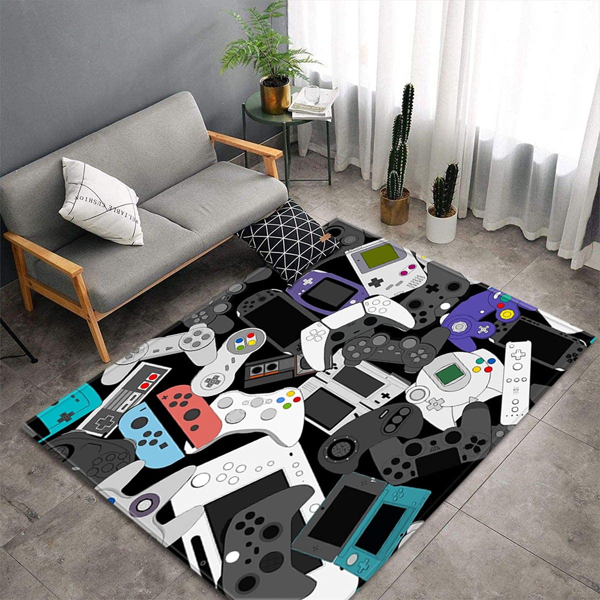 Sticker Superb. Men's Grey 1 Modern Gamer Carpets For Bedrooms Teenager Anime Gaming Graffiti Gamepad Joystick Pattern Bed Rugs Living Room Decorations Floor Indoor Area Non-Slip Pads (,120X180 Cm)
