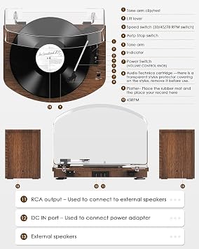 Vinyl Record Player with Dual Stereo Speakers, Belt Drive Turntable with Bluetooth Input 3 Speed Playback AT-3600L Cartridge RCA Out Vintage Turntable