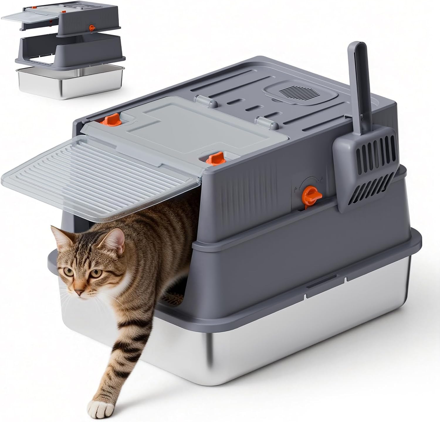 Stainless Steel Cat Litter Box with Lid – Small Covered Enclosed Litterbox with High Sides for Newborn & Young Kittens, Easy Clean Flip Top, Ideal for Small Cats, 17.7x13.8x14.2 Inches