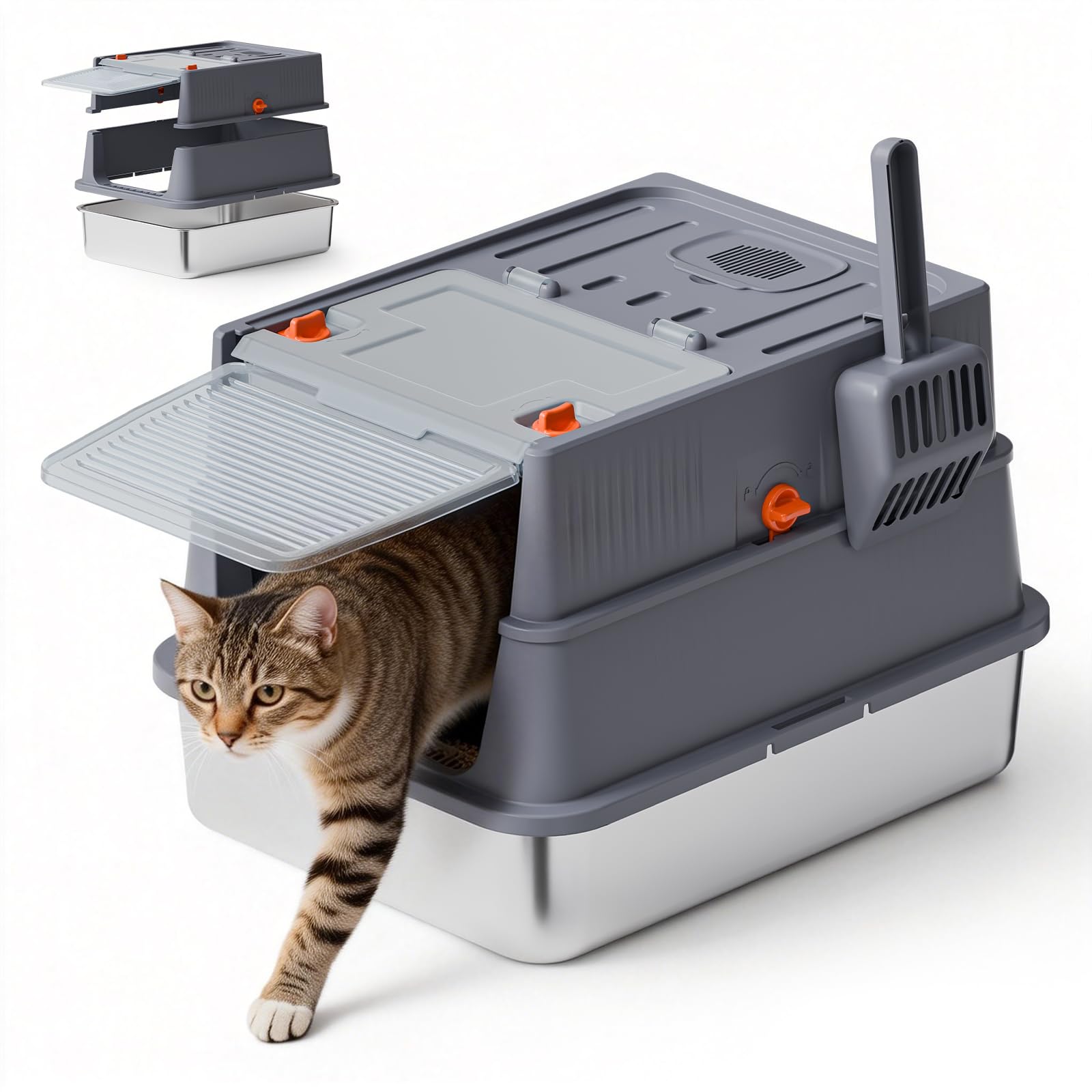 Photo 1 of Bsadne Stainless Steel Cat Litter Box with Lid – Small Covered Enclosed Litterbox with High Sides for Newborn & Young Kittens, Easy Clean Flip Top, Ideal for Small Cats, 17.7x13.8x14.2 Inches