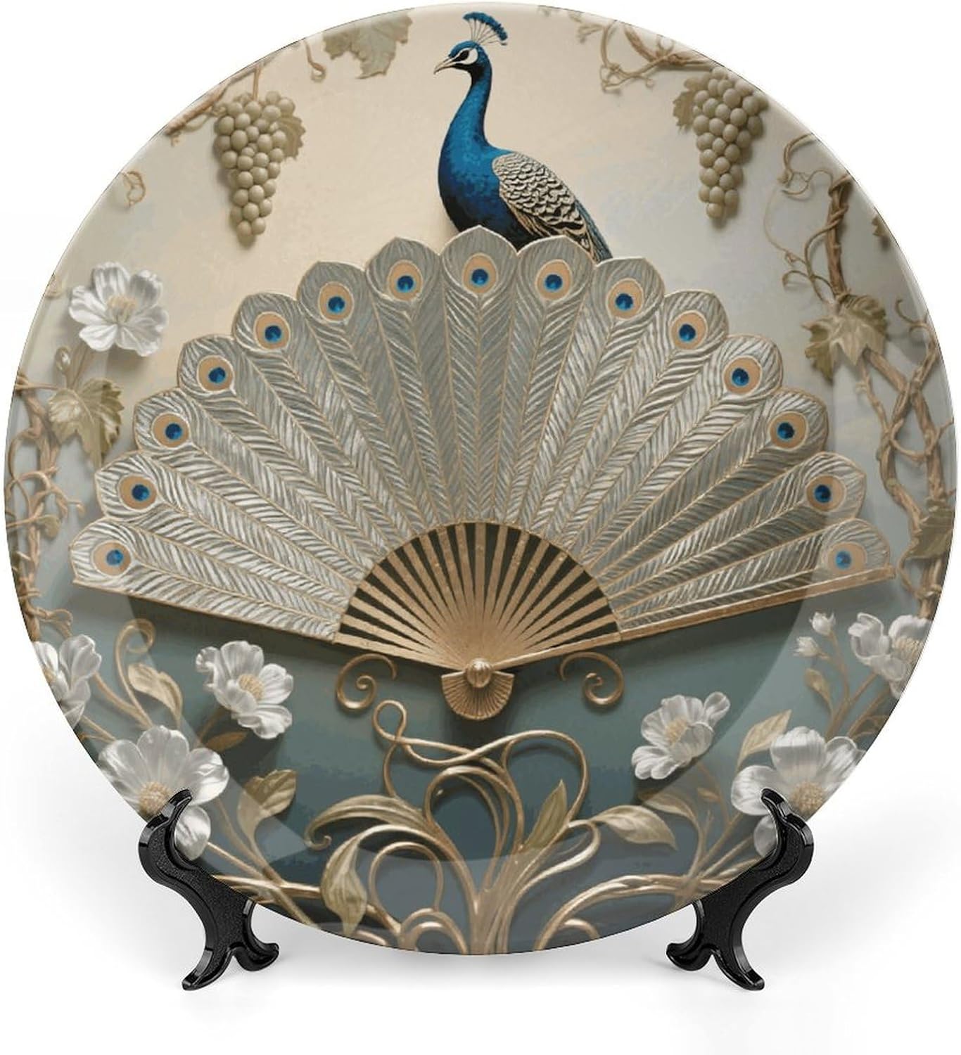 Art Peacock Decorative Plates Bone China Plates with Stand for Display 10inch Round Ceramic Dinner Plates Dessert Plate for Kitchen Party Coffee Table Decor Art