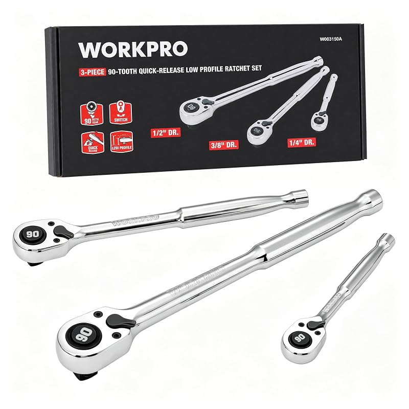 Kit de Chaves Catraca de Perfil Baixo WORKPRO 90 Dentes com Liberação Rápida, Acionamentos de 6,35 mm, 9,525 mm e 12,7 mm, 3 Peças