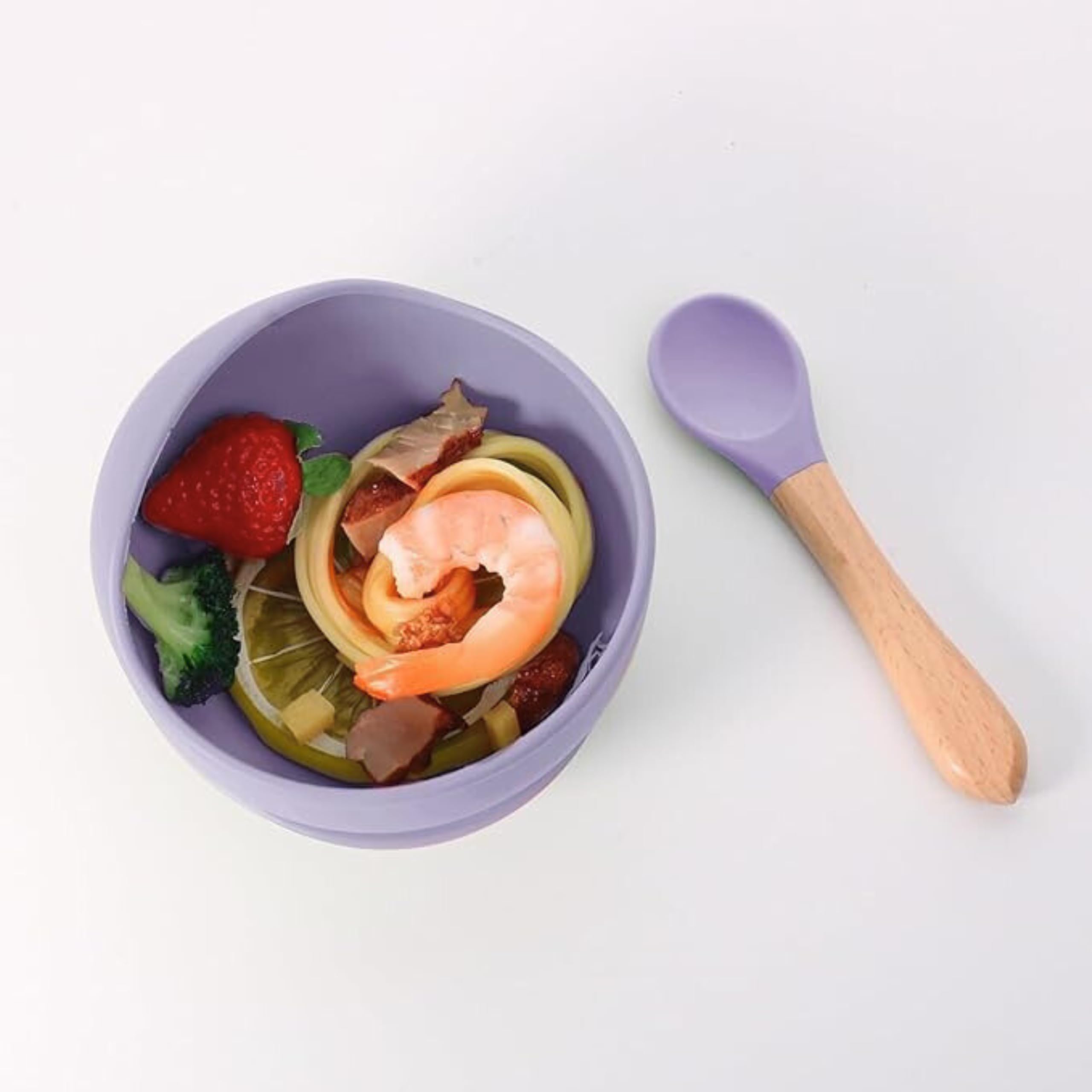 ESLORA Silicon Suction Bowl    Wooden Handle Spoon |BPA-Free,Unbreakable,Non- Slip,Microwave & Dishwasher Safe Feeding Set for Babies& Toddlers (PURPAL) - Image 5 thumbnail