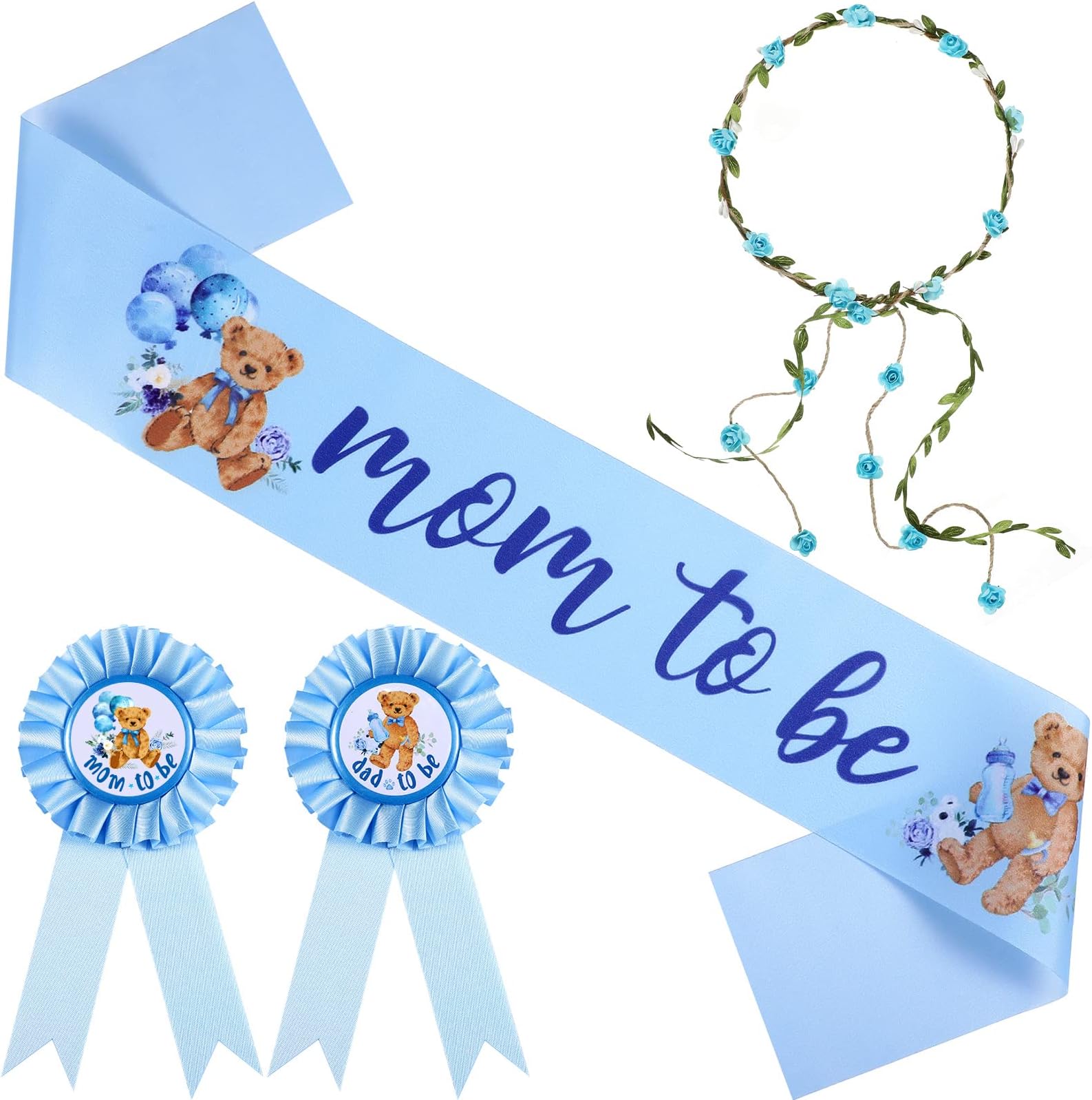 Tiamon Bear Theme Mom to Be Sash Baby Shower Dad to Be Pin and Flower Crown Headband for Gender Reveals Party Baby Shower Party Favors Decorations for Boys and Girls Pregnancy Props Keepsake
