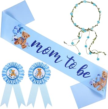Tiamon Bear Theme Mom to Be Sash Baby Shower Dad to Be Pin and Flower Crown Headband for Gender Reveals Party Baby Shower Party Favors Decorations for Boys and Girls Pregnancy PropsClassic,Blue