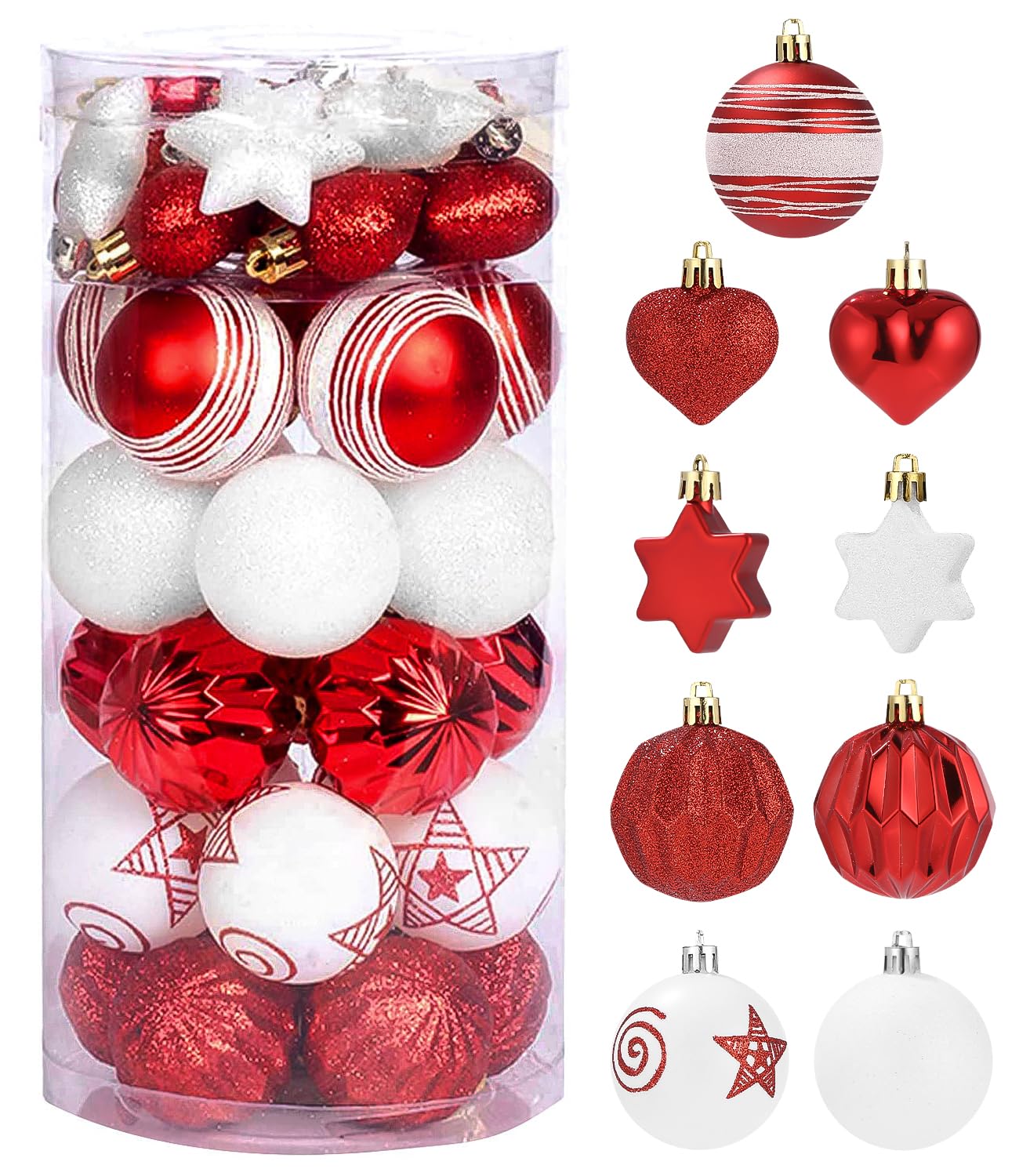 SOBEAU Decoracion de Bolas Arbol de Navidad 35 Piezas, Bolas de Navidad Plastico 6mm, Ornamentales Adornos Arbol Navidad Colgantes con Cordón, para Navidad, Fiesta（Blanco y Rojo）