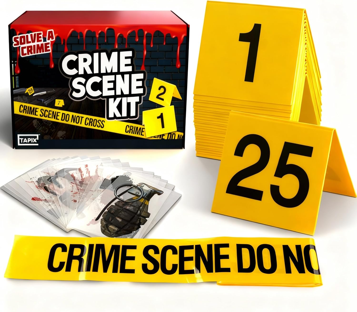 Mystery Dinner Party Game Kit - Crime Scene Decorations, Includes Tape, 50 Markers & Object Cards