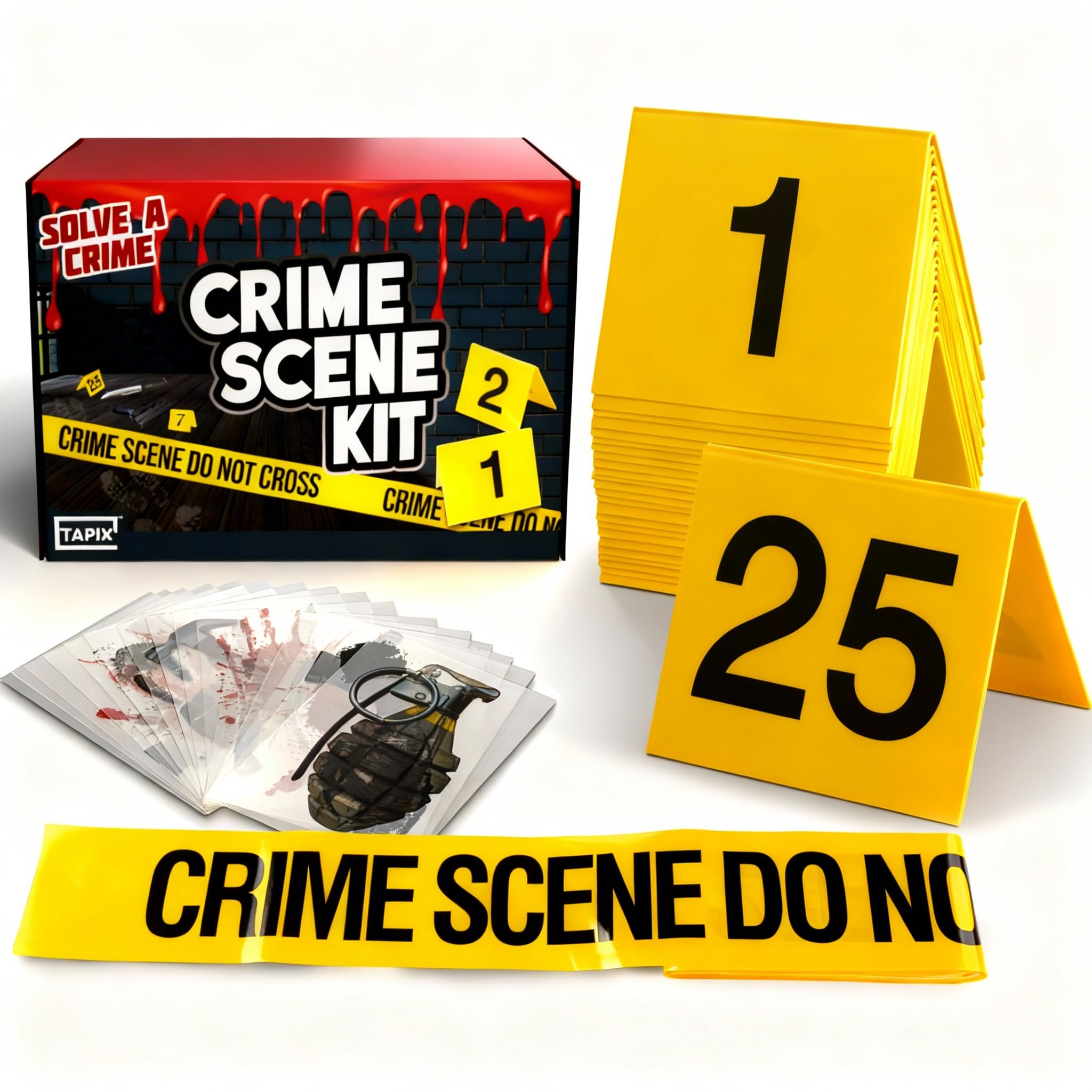 Evidence Markers Crime Scene Kit - Includes 25 Evidence Markers Tents, 25 Crime Object Cards, 100ft Crime Scene Do Not Cross Barricade Tape