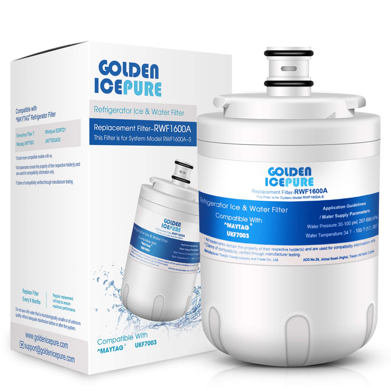 GOLDEN ICEPURE UKF7003 Rrefrigerator Water Filter Replacement for EVERYDROP Filter 7, AS229CSBGB, UKF7002, EDR7D1, WF288, EFF-6014A, 7003, DWF-16, RFC1600A, RWF1600A, PUR-15, CLCH115 1PACK
