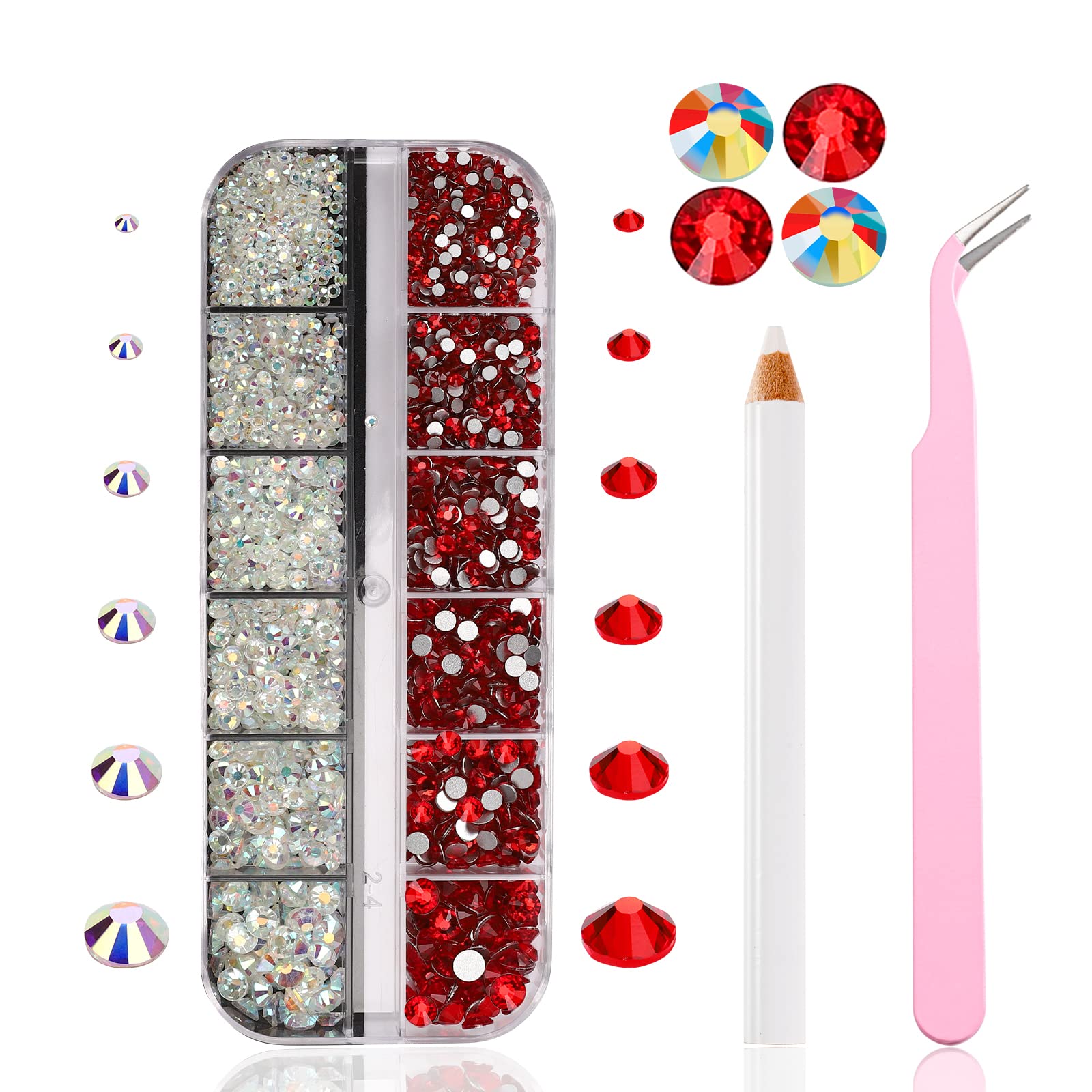 Nail Gems Flatback Art Rhinestone 2678PCS Crystals Red+Clear AB Rhinestones for Nails with Picking Pen/Tweezer 6 Sizes Round Glass Stones Charms Gemstones Kit for Crafts DIY/Clothes/Makeup by Albiscoo