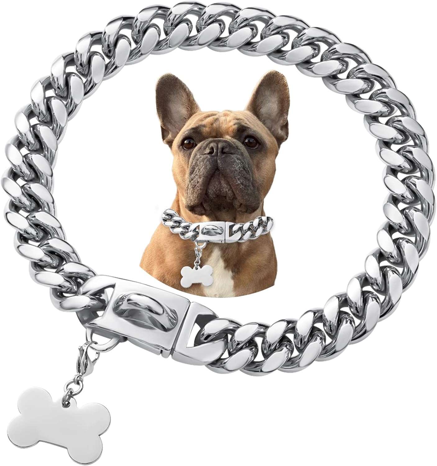 Stainless Steel Buckle Dog Collar, Cool Charm Pet Bulldog Jewelry Necklace, Waterproof Rose Gold Black Silver Heavy Duty Anti-chew Curb Cuban Dog Collar
