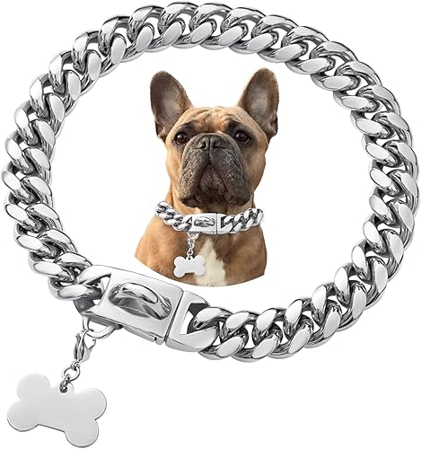 Miniatura 36 de Collar de perro de acero inoxidable, collar de joyería de bulldog con encanto, impermeable, oro rosa, negro, plata, resistente, collar de perro