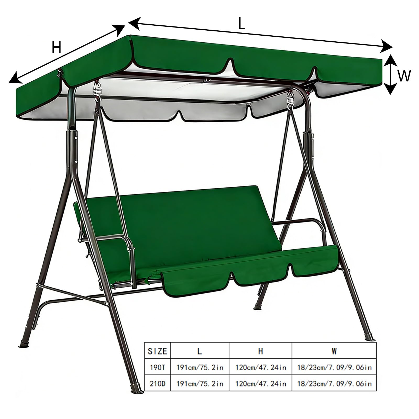 Toldo de Repuesto para Columpio de Jardín Exterior, Toldo de Reemplazo Impermeable Anti-UV 191x120cm, Cubierta Repuesto para Balancín de 2-3 Plazas para Patio(Green,190T：191*120*18/23cm)