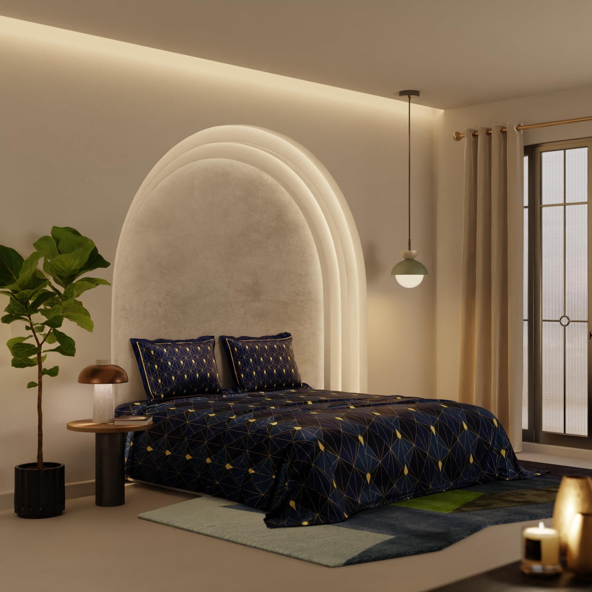 Stoa Paris Satin King Size Bedsheet with 2 Pillow Covers, 300TC Premium Bedding Set, Aesthetic Bedsheets, Ultimate Comfort, Wedding Gift for Couples, Lumiere - Navy Fiesta