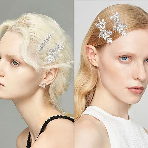 Vista 4 de 4 Pieces Bridal Hair Clips, Rhinestone Hair Accessories Leaf Wedding Hair Pins Crystal Bobby Pins Silver Hairpin Jewelry Barrette for Brides